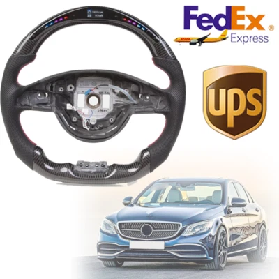 Volante LED plano de fibra de carbono para Mercedes-Benz AMG W205 S63 C63 SL 2016+ Foto 1 de 4