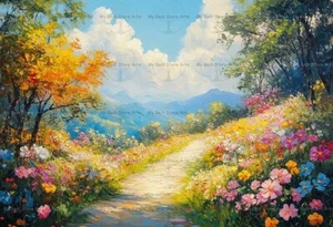 SPRING MOUNTAIN PAINTING ART PRINT, Landscape Decor, Wildflowers Poster, E467 - Picture 1 of 3