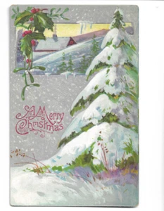 Vintage A Merry Christmas Postcard Embossed Snow Covered Tree Holy - Picture 1 of 2