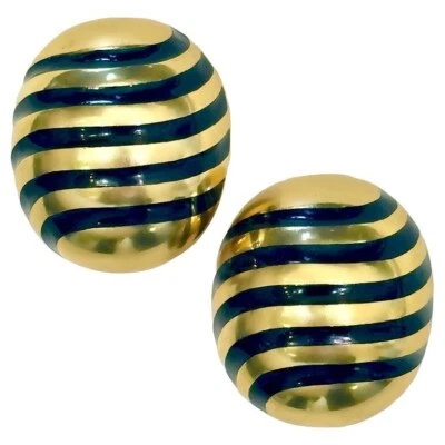 Elegante Pendientes Cartier Francés Vintage Oro Amarillo 18k con Bandas Esmalte Negro Foto 1 de 4