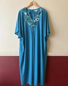 Joan Rivers Kaftan Teal Blue Embroidered Floral Women’s Petite 1X Artsy Bohemian - Picture 1 of 12