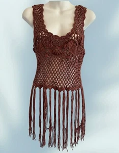 WallpapHER Crochet Top Shirt Boho Vest Acrylic Cotton Long Fringes Brown Medium - Picture 1 of 8