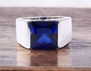 Blue Sapphire Square Cut Gemstone With 925 Sterling Silver Ring For Men's #A263 - Picture 1 of 6