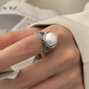 Vintage Thai Silver Round Pearl Ring 925 Sterling Silver Open Ring Men - Picture 1 of 9