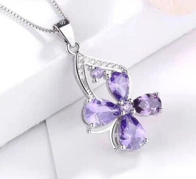 Damen Halskette Anhänger Lila Kristall Glücksbringer Collier Strassstein NEU - Bild 1 von 2