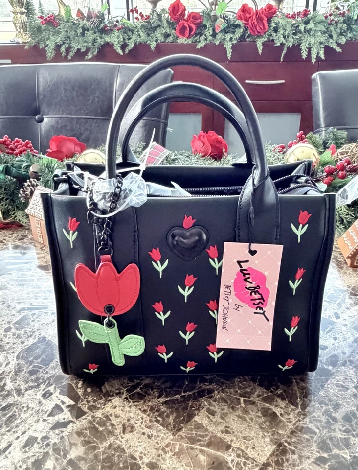 NUEVO Bolso de mano Betsey Johnson negro flor de tulipán bordado Foto 1 de 4