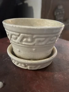 McCoy Planter with Greek Key Pattern 5" White Attached Saucer - Picture 1 of 6