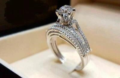 1.10 Ct White Round Cut Simulated Diamond Wedding Ring Matching 925 Silver Set - Image 1 of 3