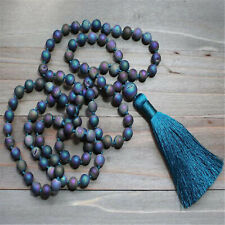Natural Druzy Agate 108 Beads Tassel Knotted Necklace Pray Elegant Wristband