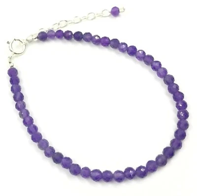 Genuine Amethyst Beads Natural Color 925 Silver adjustable Bracelet USA SELLER  - Image 1 of 4