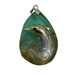 Dolphin 18K GP Pendant Necklace Silver Tone Charm Resin Stone Sea Life Jewelry - Picture 1 of 7