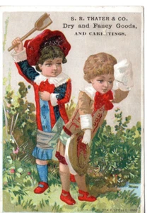 B1-75989. Orig 1880s Trade Card SR Thayer Dry & Fancy Goods Marblehead MA kids - Picture 1 of 2