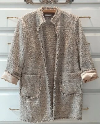 Chico's Sz 1P Open Front Jacket Woven Metallic Plaid Tweed Coat Frayed Trim Pkts - Image 1 of 4