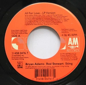 90'S 45 Bryan Adams Rod Stewart Sting - All For Love / Instrumental on A&M - Picture 1 of 2