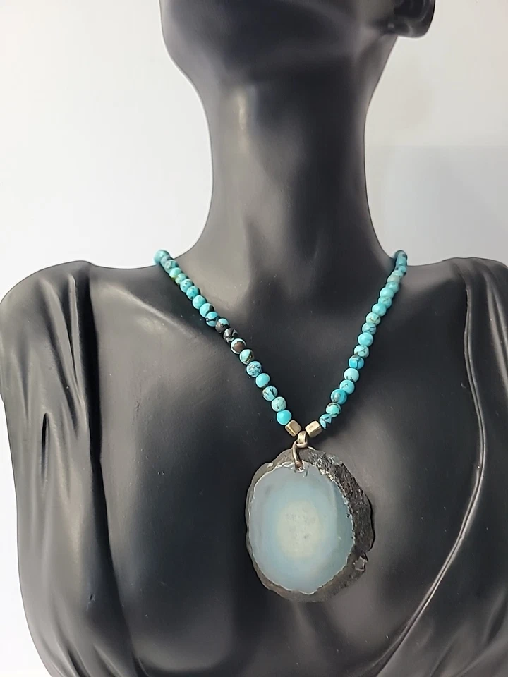 Vintage Sparkling Sage Blue Stone Beaded Necklace Blue Agate Slice Pendant - Image 1 of 4