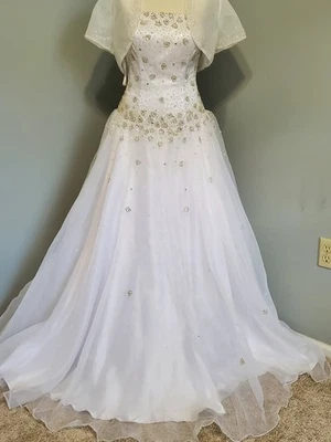 Mary's Bridal White Wedding Dress Strapless Beaded Ball Gown w/ Bolero Jacket 10 - Image 1 of 4