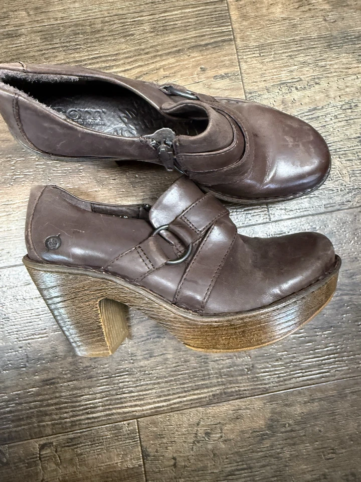 Born Haddon Platform Clog 8 Brown Distressed Leather Shoes 3" Heel - Image 1 of 4
