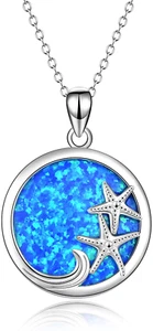 Starfish Necklace Sterling Silver Ocean Jewelry Starfish Wave Necklace Blue Opal - Picture 1 of 12