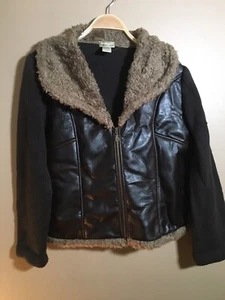 Croquet Club Bomber Jacket Brown Faux Leather Sherpa Knit 1X Full Zip Cropped - Bild 1 von 12