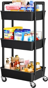 3 Tier Rolling Utility Cart with Wheels Lightweight Storage Organizer Black - Picture 1 of 7
