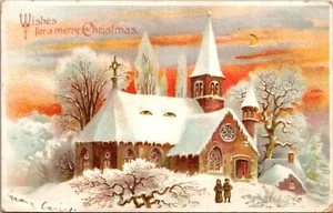 Vintage Hold To Light Christmas Postcard Village Church in Snow - Picture 1 of 2