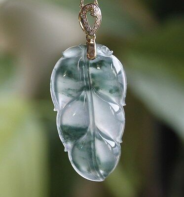 Certified Natural Jade Grade A Icy Green Jadeite Leaf Pendant Diamonds 18K Gold • 1080$