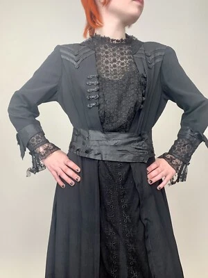Antiguo Vestido Victoriano Eduardiano Años 1900 Negro Seda Bordado Encaje COMO ESTÁ Foto 1 de 4