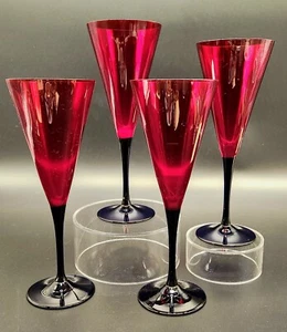 Set of 4 Murano Style Red Flute W/Cobalt Blue Stems Glasses Champagne Wine 8.5"T - Picture 1 of 15