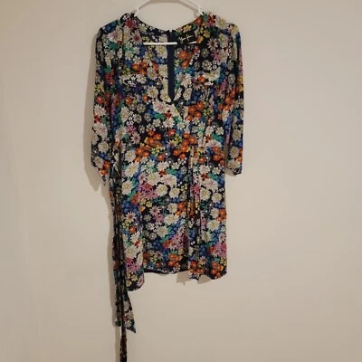 Yumi Kim Black Dark Floral Silk Mini Faux Wrap Dress Size Medium M Cottagecore  - Image 1 of 4