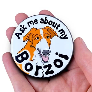 "Bottone pinback Borzoi rosso e bianco Chiedimi degli accessori spilla per cane 2,25" - Foto 1 di 3