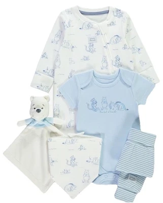 Newborn ~ 9 Lbs~ Disney Winnie The Pooh 5 Piece Blue & White Starter Set ~ - Image 1 of 4