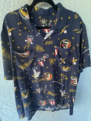 Double RL RRL Men Ralph Lauren Logo Print Linen Blend Camp Hawaiian  XL NWOT - Image 1 of 4