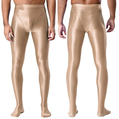 Mens Wetlook Glossy Shiny Smooth Elastic Waistband Footed Tights Pant nightwear - Image 1 of 3