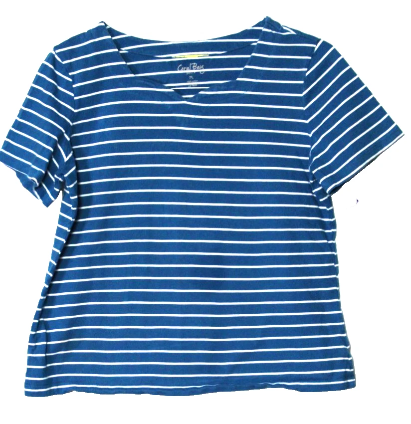 CORAL BAY TEE SHIRT ladies size PL dark turquoise blue white stripe short sleeve - Image 1 of 4