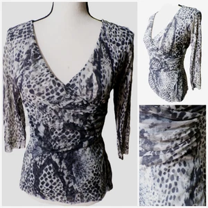 Y2k New York & Co. Sheer Mesh Faux Wrap Top M Blouse Snakeskin Print Mob Wife - Bild 1 von 11