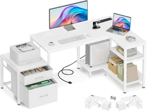 55Inch L Shaped Computer Desk with Power Outlet & Large File Drawer, Home Office - Picture 1 of 8