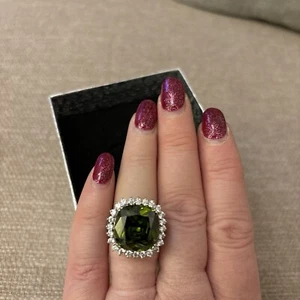 Diamonique Sterling Silver Cushion Cut Green Sapphire Cocktail Ring - Picture 1 of 11
