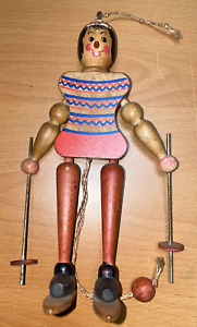 Vintage Wood Jumping Jack Pull String Toy | SKI ALPS SKIER German | Made Austria