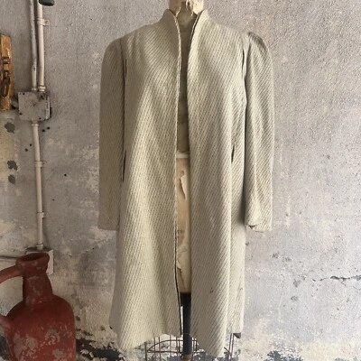 Vintage 1930s Cream & Brown Striped Wool Coat Art Deco Padded Shoulders Dress - Image 1 of 4