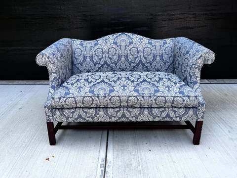 Vintage Chippendale Camelback Settee Loveseat Sofa Blue Silver White Cover
