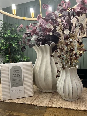 Juego de Sábanas Doble/Doble XL Orgánico Percal Rayas Caqui/Blanco - Umbral NUEVO Foto 1 de 4