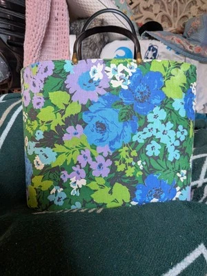 Vintage A&N Blue Green Floral Print Handbag Knitting Bag Plastic Handles - Image 1 of 4