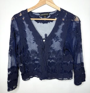 Y2K Chris McLaughlin Lace Cardigan Womens M Blue Sheer Embroidered Boho Cottage - Picture 1 of 4