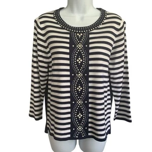 Alfred Dunner Women Striped Sparkle Beaded 3/4 Sleeve Pullover Sweater Petite PS - Picture 1 of 16