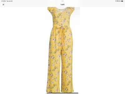 No Boundaries Juniors Peasant Wide Leg Jumpsuit XL (15/17) Yellow Floral Boho  - Image 1 of 4