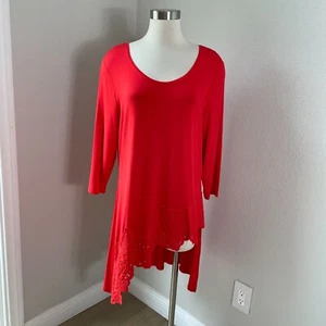 NEW Chicos Womens Large Lace Trim Tunic Top In Runaway Red Stretch Shirt - Picture 1 of 12