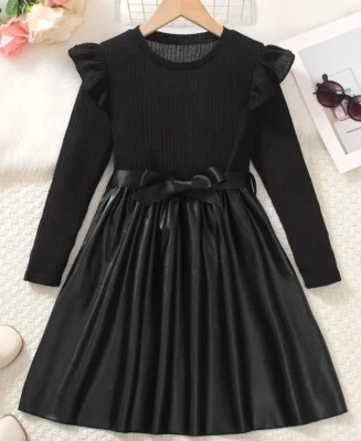 Elegantes Mädchen Kleid mit glänzendem Leder-Look-Rock, Gr.146/152, Neu - Bild 1 von 4