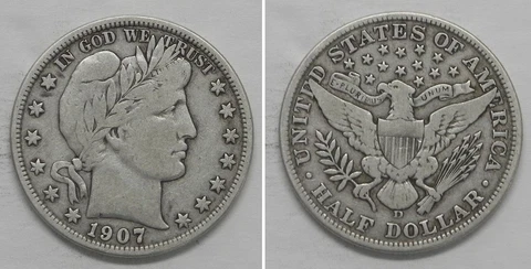 X4533  1907-D Barber Half Dollar 50c, F/VF Cover
