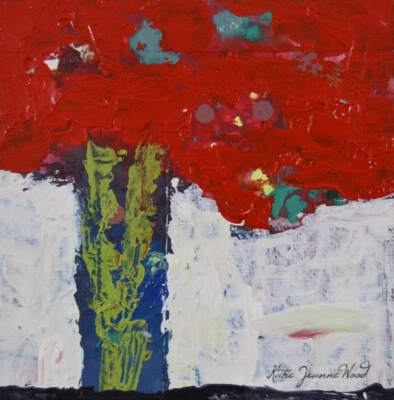 Pintura Flor Abstracta Roja 4x4 Original Floral Arte Pared Mini Foto 1 de 4