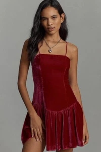 NEU Anthropologie Maeve Crushed Velvet Pink Drop Waist Minikleid Größe Large - Bild 1 von 6